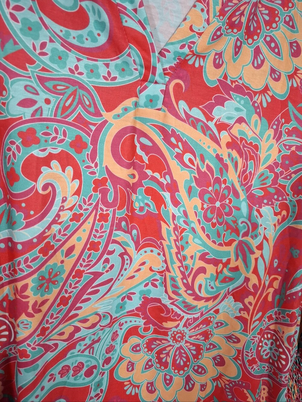 LOMON Paisley Multicolor V-Neck Tunic Top Smocked 3/4 Sleeves Soft Casual Sz M - Picture 7 of 15